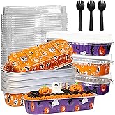 ylnurac 100Pack Halloween Mini Cake Pans Disposable Mini Loaf Pans with Lids and Spoons, 6.8Oz Aluminum Foil Pans Tins, Individual Dessert Cups Containers for Sales,Party,Picnics