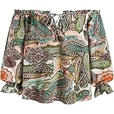 winkbay Women's Boho Print Off The Shoulder Tops Tie Front Ruffle Long Sleeve Vacation Blouse