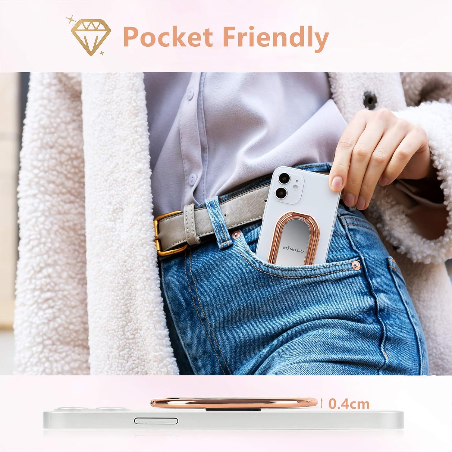 MINDSKY Phone Ring Holder Finger Kickstand 360°Rotation Ultra-Thin Cell Phone Back Grip Foldable Cellphone Stand Compatible with iPhone iPad Smartphones Tablets (with Universal Magnetic Car Mount) - Image 5