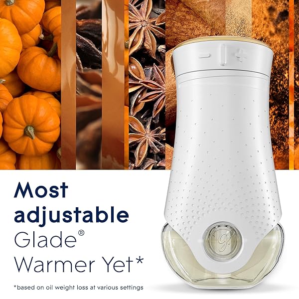 GLADE PLUGINS REFILLS AIR FRESHENER STARTER KIT, SCENTED AND ESSENTIAL OILS FOR HOME AND BATHROOM, GOLDEN PUMPKIN & SPICE, LIMITED EDITION SCENT, 1.34 FL OZ, 1 WARMER + 2 REFILLS