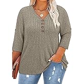 Koscacy Women Plus Size V Neck 3/4 Roll Sleeve Sweater Casual Knit Tops Solid Color Blouses