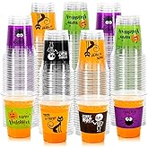 JarThenaAMCS 100Pcs Halloween Disposable Plastic Cups 12oz Trick or Treat Party Cups with 4 Style Patterns for Cold Beer Beverage Halloween Party Supplies