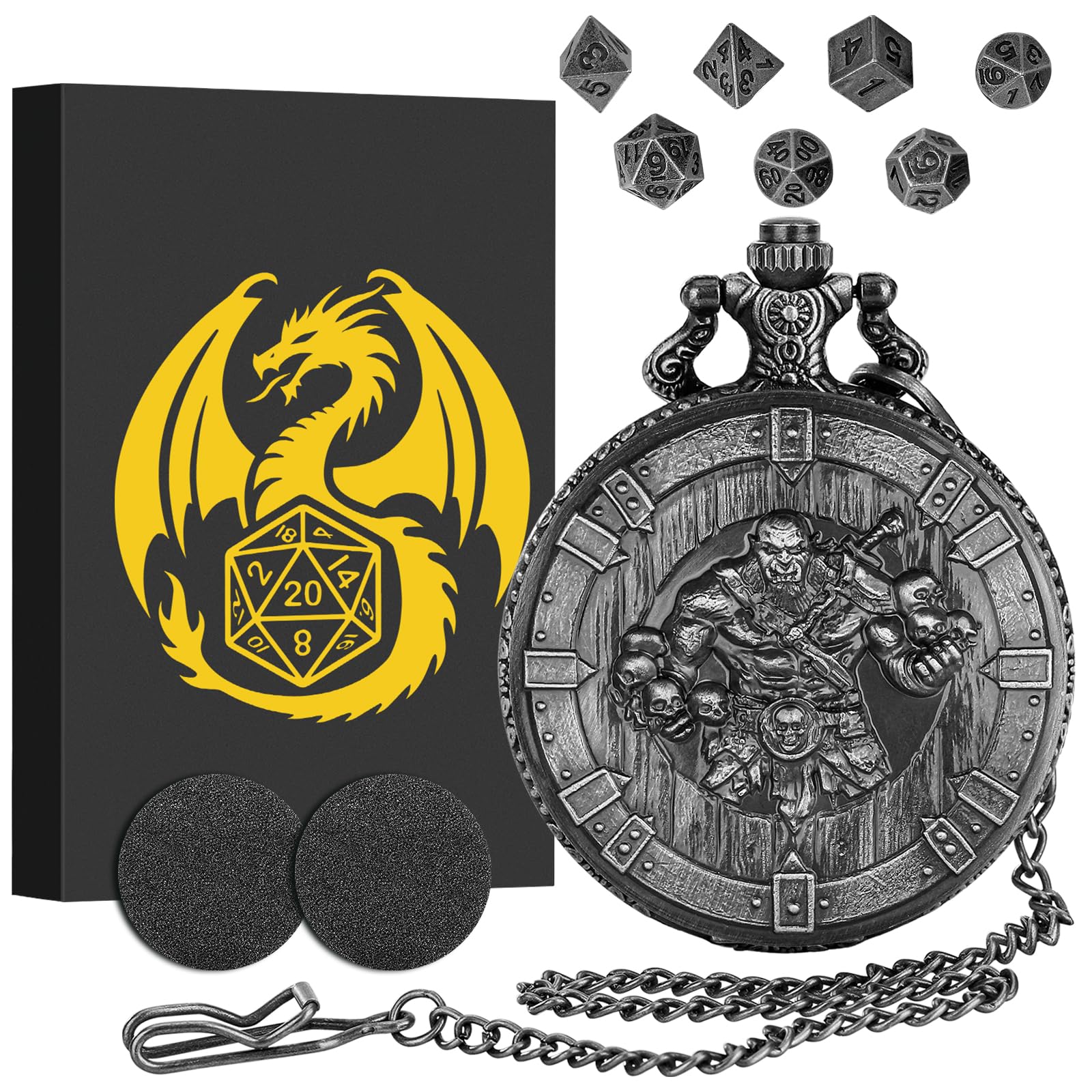 Mini DND Dice Set with Barbarian Horde Orcs Pocket Watch Shell Case, DND Starter Set, 7pcs Polyhedral Mini Metal Dice Set, D&D Gifts with Gift Box, Role Playing Board Game Accessories, Silver — image 1