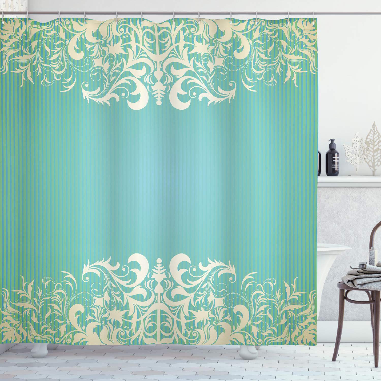 ABAKUHAUS Vintage Shower Curtain, Old Fashioned Frame with Grungy Floral Curlicues Baroque Revival Motifs, Cloth Fabric Bathroom Decor Set with Hooks, 70 Inches, Seafoam Cream