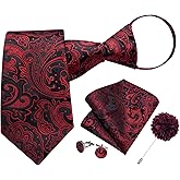 DiBanGu Mens Zipper Tie,Silk Paisley Solid Plaid Pre-tied Tie and Pocket Square Set Formal Adjustable Necktie with Lapel Pin