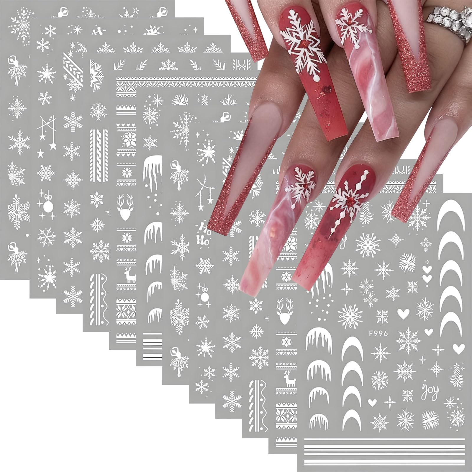 Photo 1 of 12 Sheets Christmas Nail Stickers - 3D Self-Adhesive Snowflake Nail Stickers - White Snowflake Xmas Tree Elk Christmas Nail Decals Design for DIY Manicure Winter New Year Xmas Nail Decals Decorations