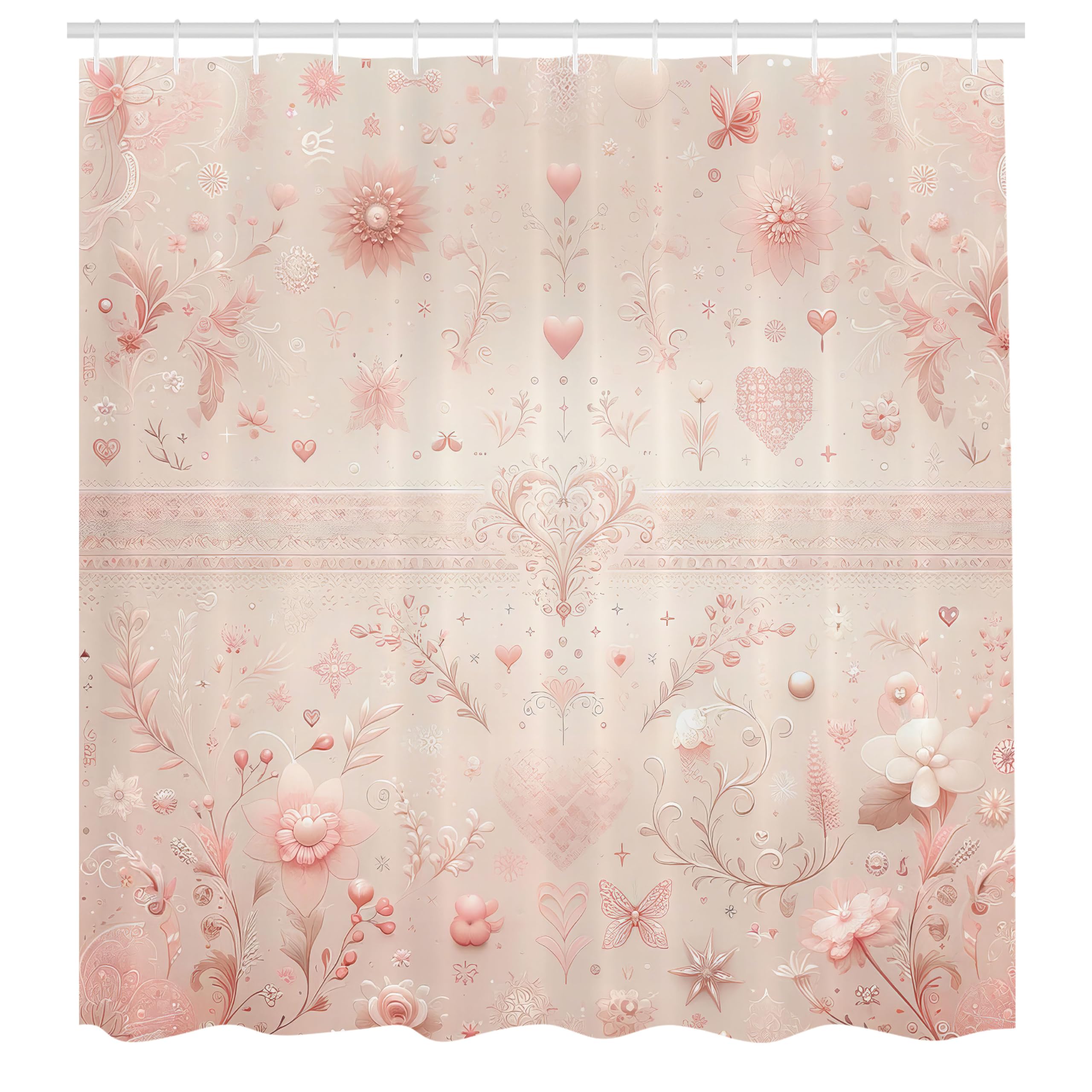 ABAKUHAUS Pink Shower Curtain, Vintage Floral Art Cottagecore, Cloth Fabric Bathroom Decor Set with Hooks, 175 x 200 cm, Pale Salmon Dried Rose