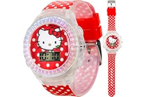 Accutime Sanrio Hello Kitty Kids LCD Watch – Red Polka Dot Strap, Iridescent Bezel, Digital Display, Cute Printed Dial, Adjustable Fit, Collectible Tin Box, Perfect for Girls – Fits Wrists 5.5” to 8”