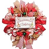 idyllic 18" Christmas Mesh Wreath for Front Door Gingerbread Man Wreath with Red Gold Ribbon Artificial Wreaths for Indoor Outdoor Home Porch Wall Window Festival Wedding Decor