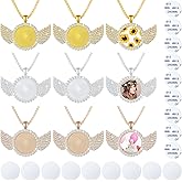 Hicarer 9 Pieces Sublimation Blank Necklace with Chain Set Blank Necklace Rhinestone Wing Shape Bezel Pendant Tray, 25 mm Sublimation Sheet, Double Sided Tape for DIY (Round Shape Style)