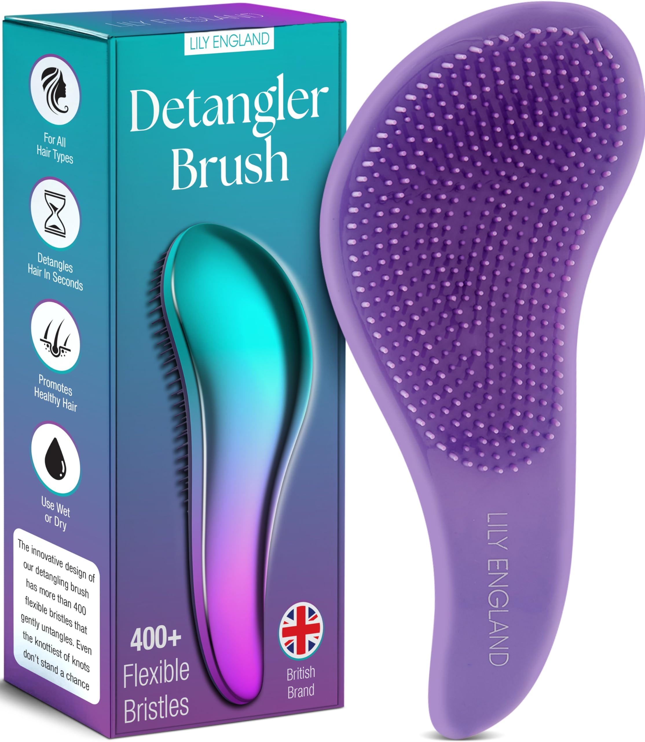 Lily England Detangle Hair Brush for Thick, Curly & Straight Hair - Detangling Hairbrush for Women, Kids & Toddlers with Flexible Bristles - Smooth Detangler for Wet & Dry Hair, Ombre