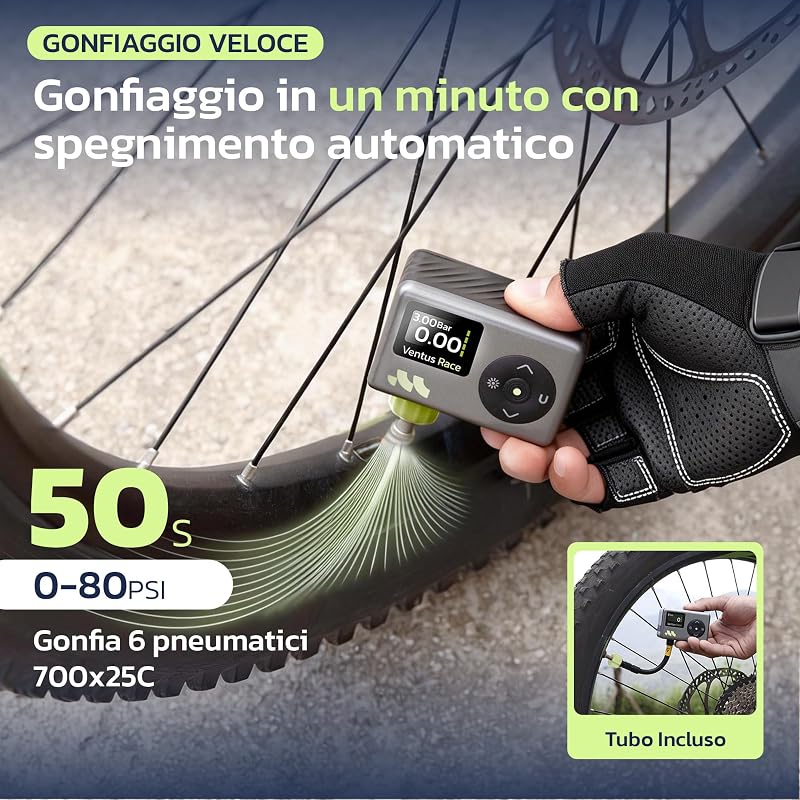 Mini Pompa Per Bicicletta, Gonfiaggio rapido in 50s, 8,3 BAR, LED