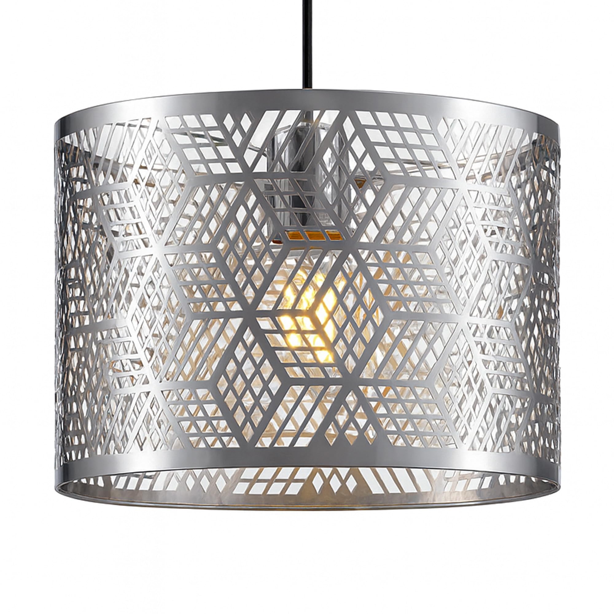 Innoteck Modern Cube-Pattern Chrome Metal Drum Lampshade – Decorative Cut-Out Design – for Ceiling Pendant & Floor Lamp – Fits E27 Holders with B22 Adaptor [Energy Class A++]