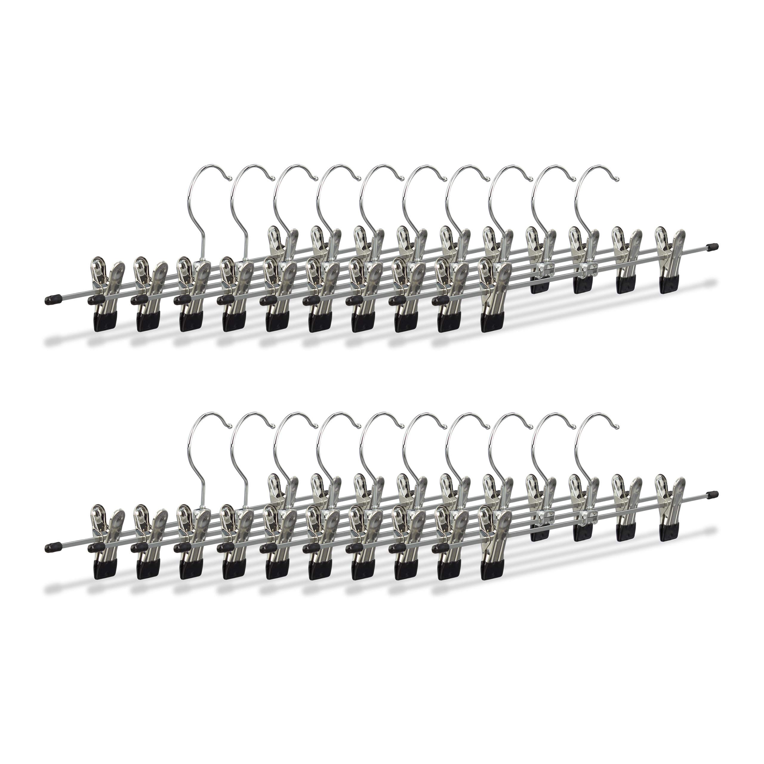 Relaxdays Metal Clothes Hangers, Adjustable Trouser Clamps, HxWxD: 9x35.5x2.5 cm, Silver/Black, Set of 20