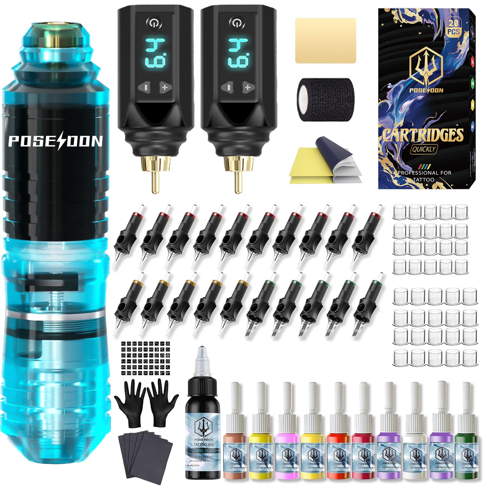 Tattoo Gun Kit POSEIDON Pen with 2pcs 1500mAh Batteries Blue | eBay