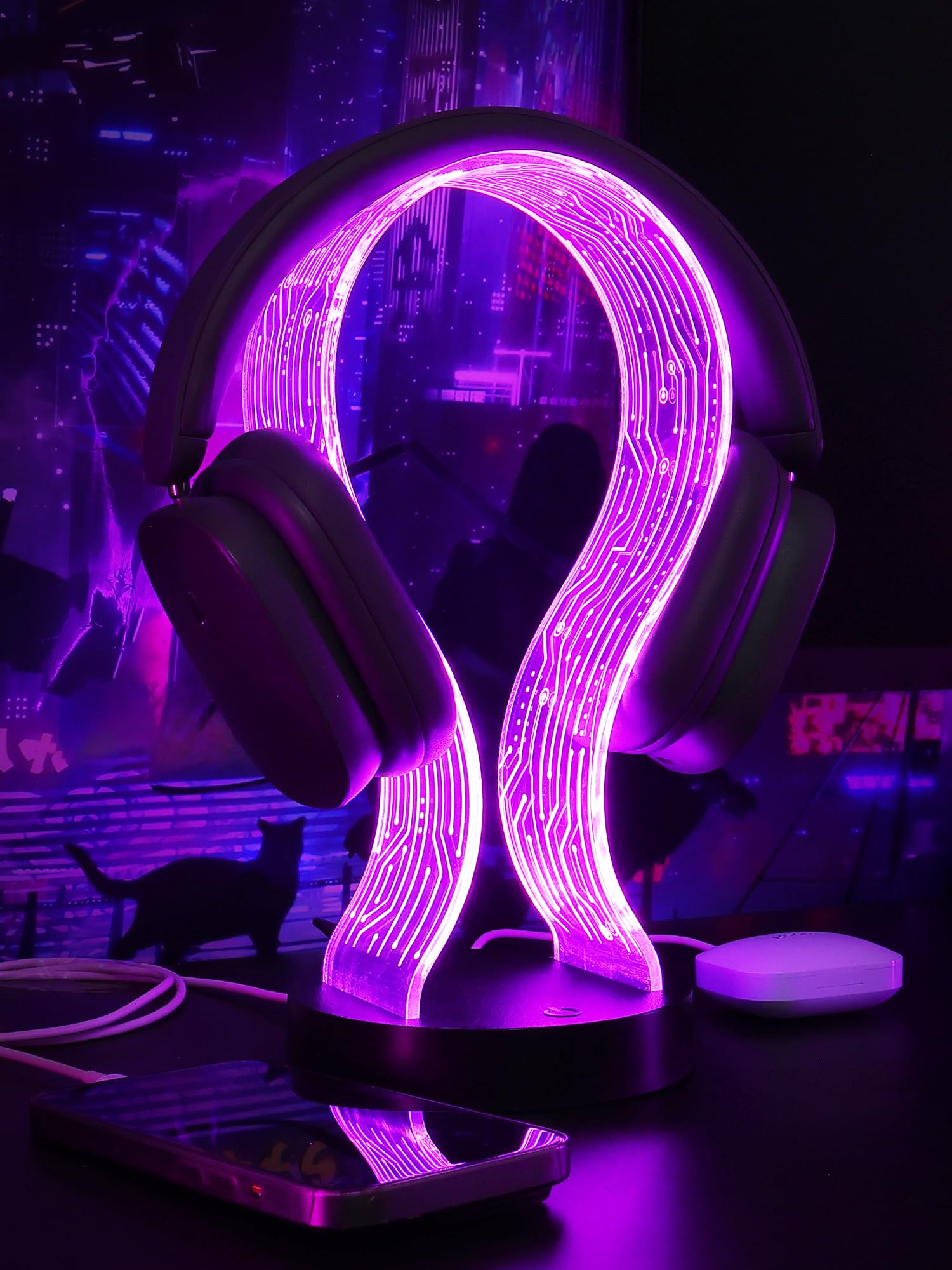 CoolGift Mart Beleuchteter Kopfhörerständer mit 16 Farbe Lichter, PCB-Muster Acryl Kopfhörer Stand mit 1 USB und 1 Typ-C Ladeanschlüsse, Geschenke für Gamer Männer und Musikliebhaber 3
