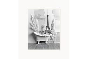LITTLEPIECREATIONS Black White Bathroom Wall Art, Paris Theme Bathroom Decor, Black White Matted Handmade Wall Art (Paris Them Bath)