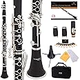 Mendini by Cecilio B Flat Clarinet for Beginner, Ebonite Bb Clarinet with 2 Replaceable Barrels, 10 Reeds, Stand, Pocketbook, Mouthpiece, Hard Case, Gloves, Black