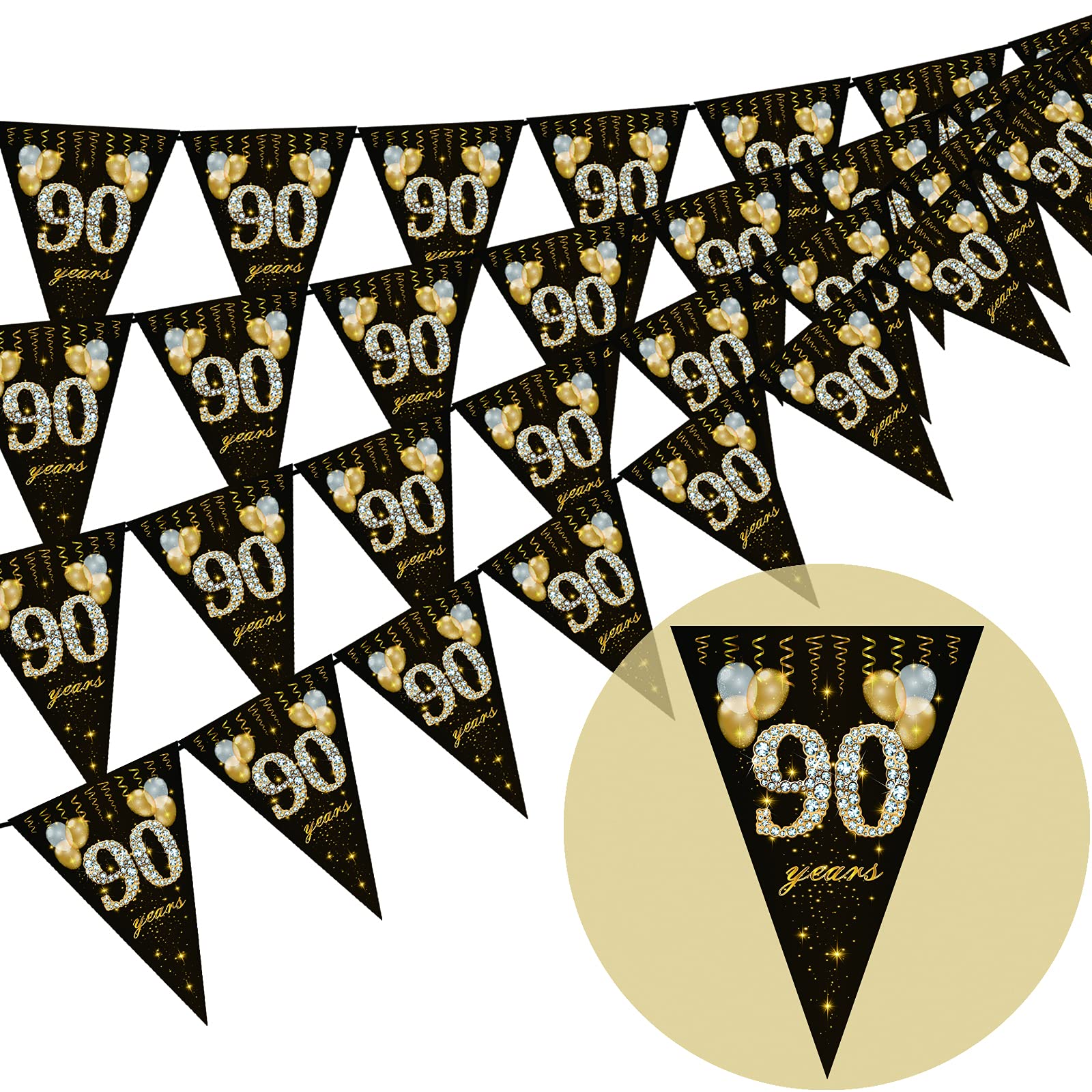 90th birthday bunting, Happy Banner Bunting Flags, 40 Pieces Triangle Gold Black Glitter Diamond by Numbers 90th Birthday Anniversary Theme Party Decoration Supplies