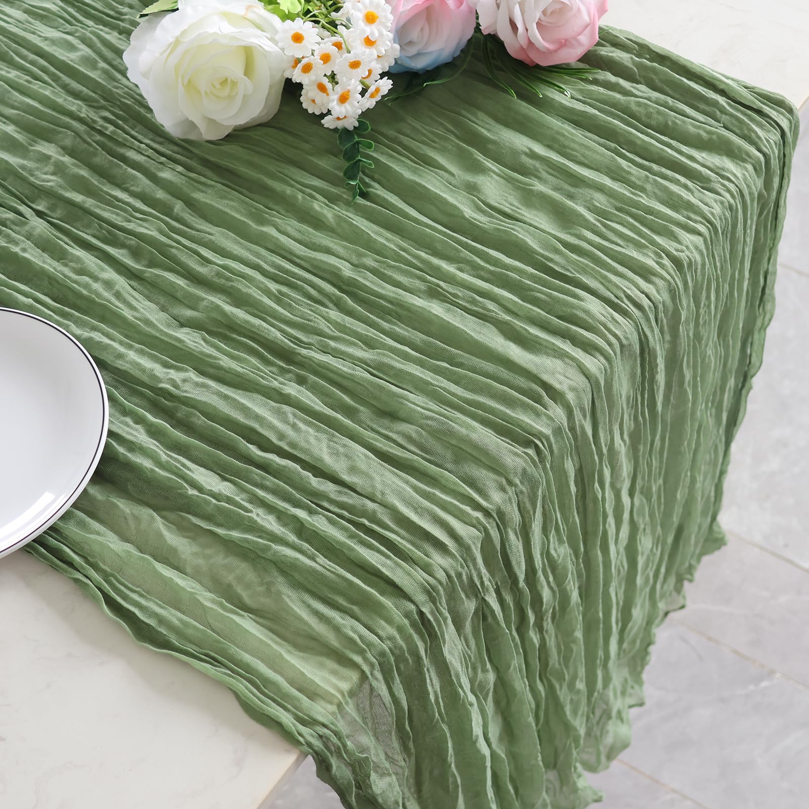 Boho Sage Green Gauze Wedding Cheesecloth Table Runner, Seasonal Fabric Kitchen Dining Holiday Table Decor for Home Party 90x400 cm