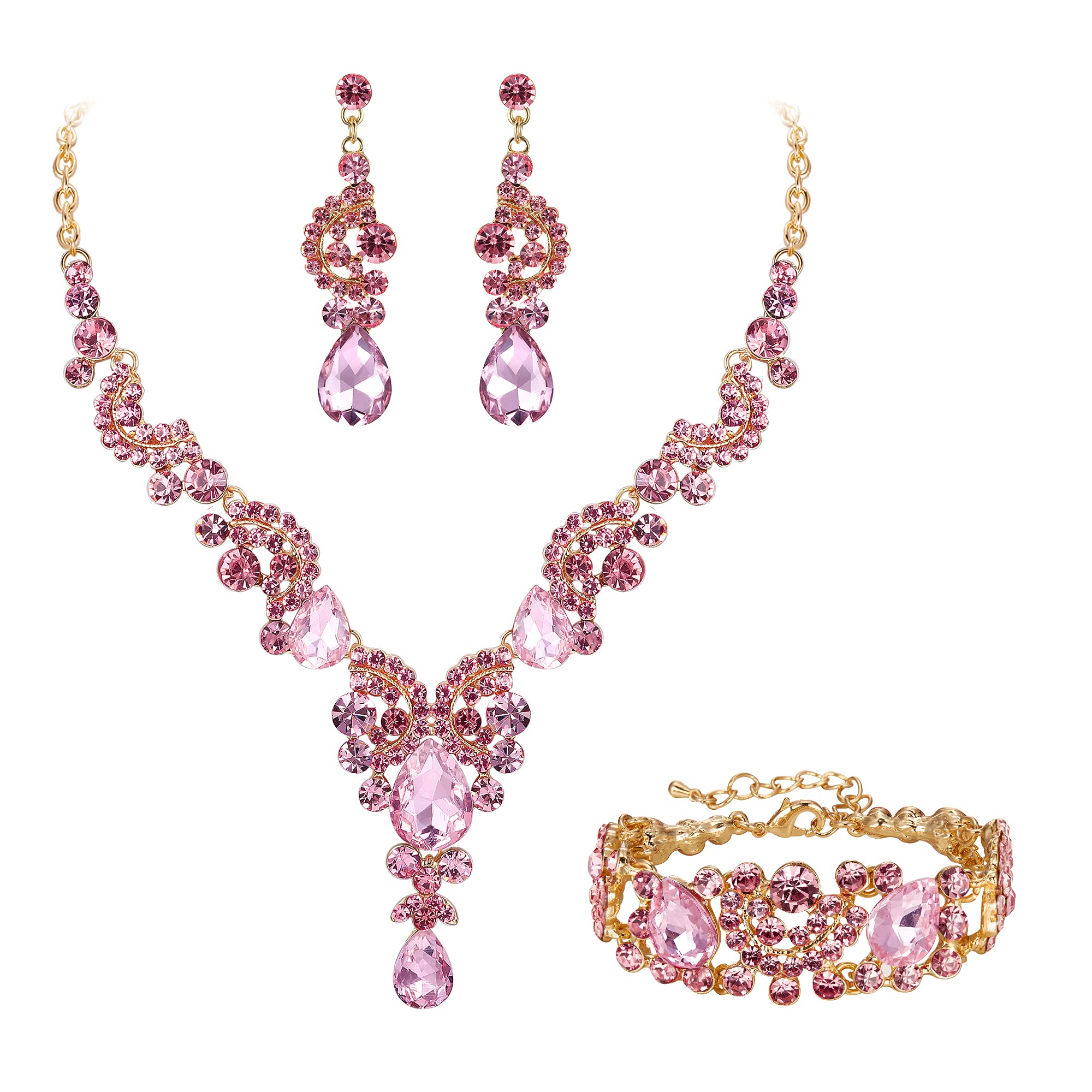 Ever Faith Wedding Jewellery Set for Women, Sparkly Rhinestone Crystal Vintage Floral Teardrop Brides Bridal Necklace Earrings Bracelet Sets Prom Party Costume Jewelry 3 Pcs Pink Gold-Tone