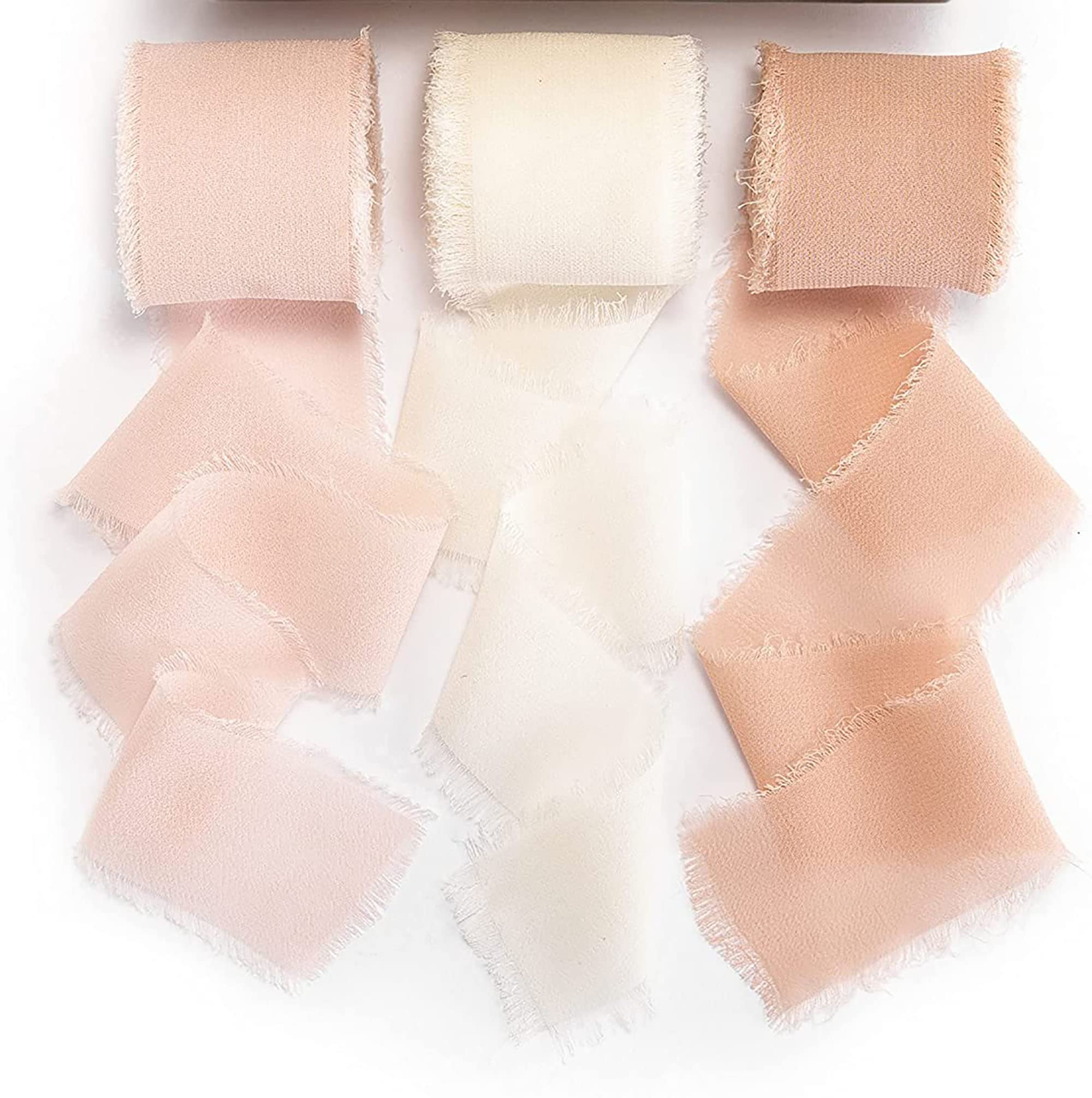 Dloapesy 3 Rolls Handmade Fringe Chiffon Silk Ribbon Gauze 1.5" x 3Yd Ribbons Set for Wedding Invitations, Bridal Bouquets, Gifts Wrapping, DIY Crafts (White and Pink, Fringe Chiffon)