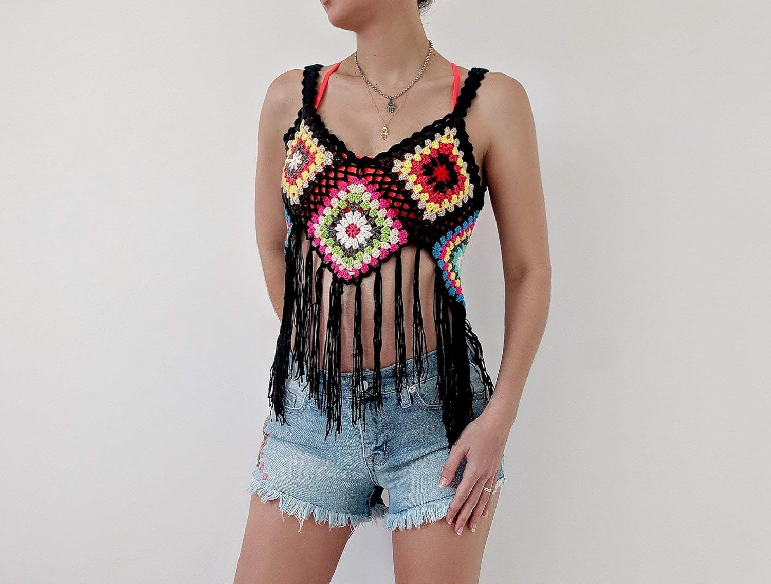 Crochet Fringe Crop Top Black Handmade