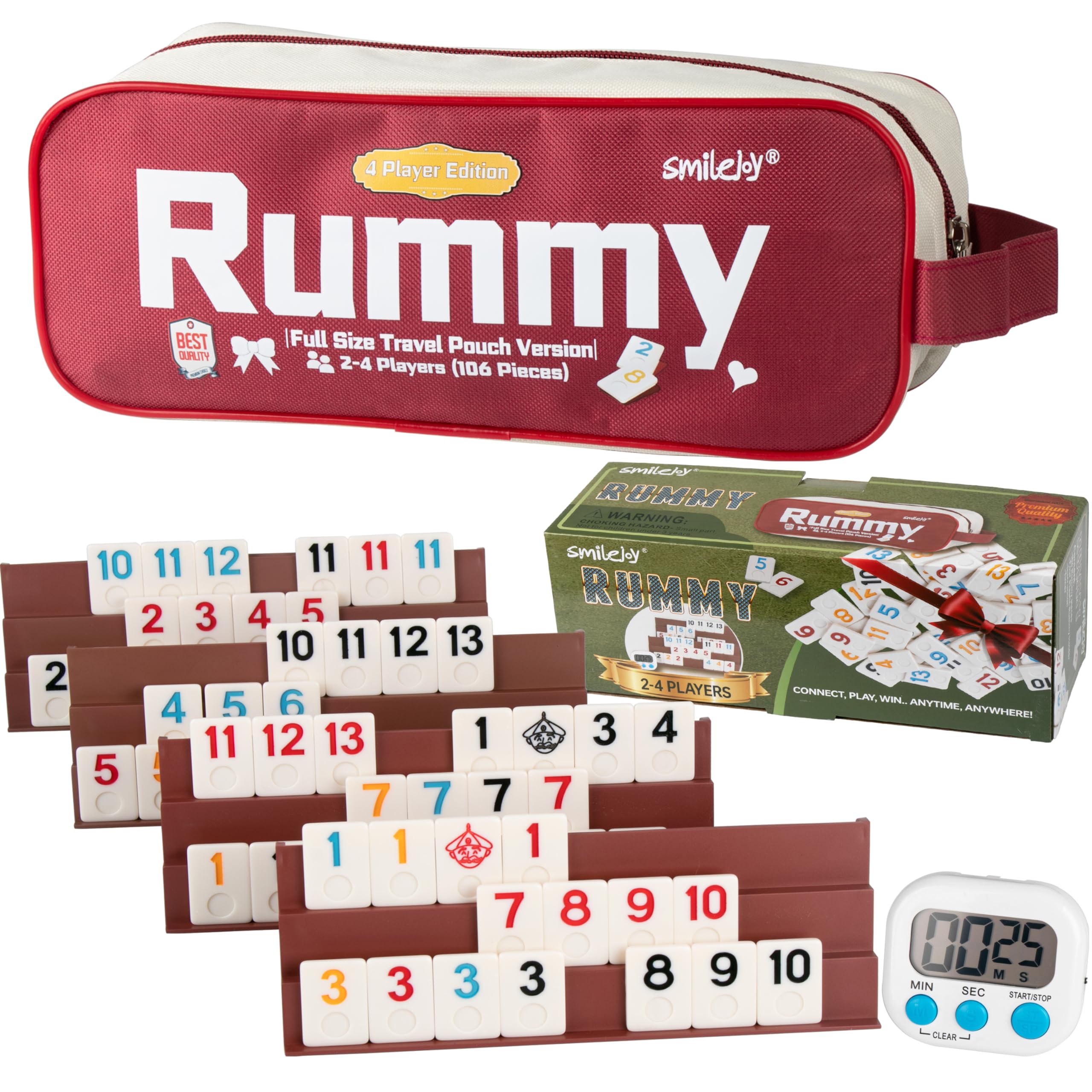 Smilejoy Rummy Cube 4 Players Edition, Full Size Travel Rummy Game Set with Travel Portable Canvas Bag,Classic Board Game for Adults and Kids |106 Tiles | 4 Playing Racks |1 Timing | (2-4 Player)