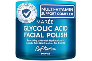 MAREE Glycolic Acid Pads - Toner Pads for Face Cleansing - Exfoliating Pad with Tea Tree Oil, Salicylic Acid & Vitamins E, B3, B5 - Acne Clearing, Skin Pore Resurfacing & Radiance Device - 50 Count