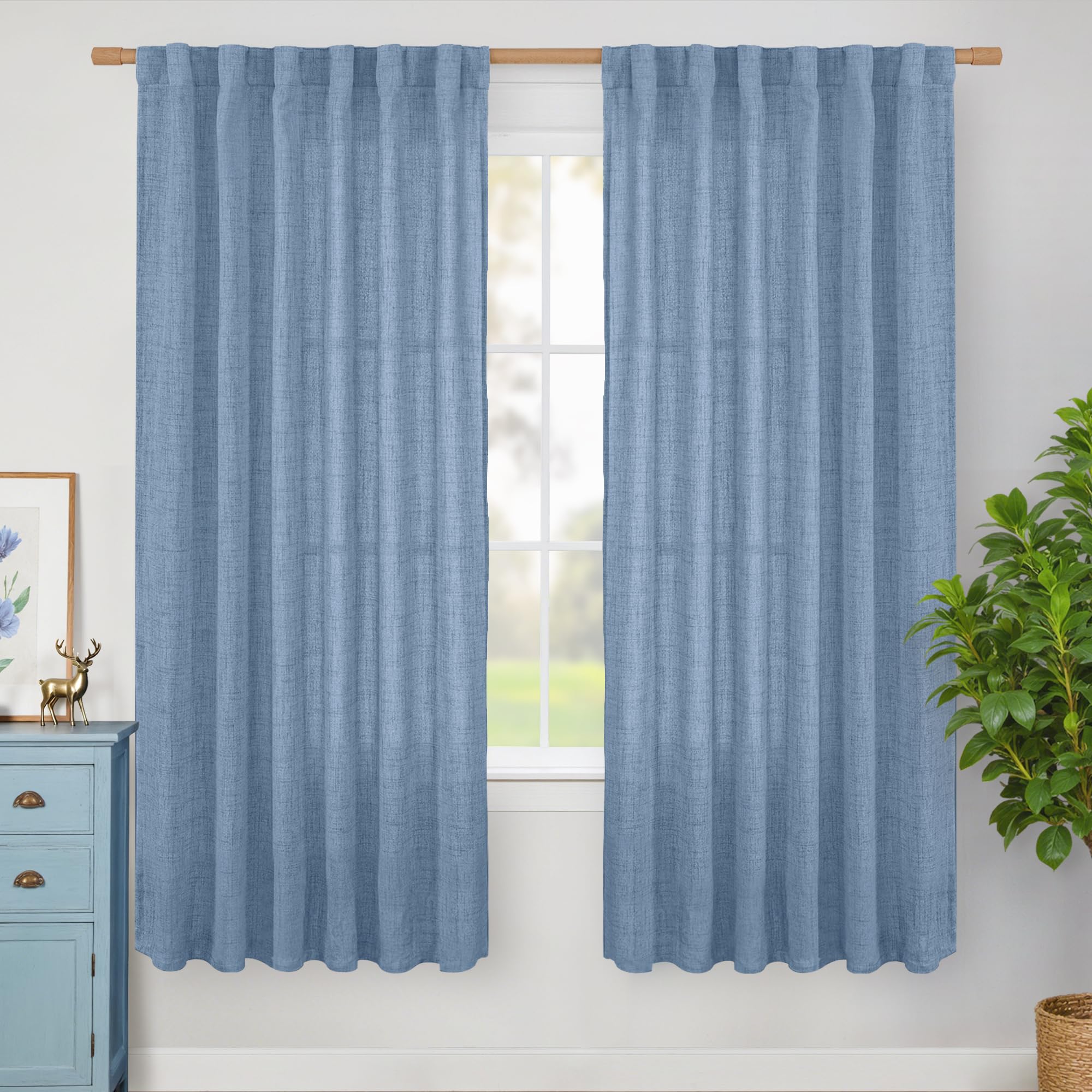 BGment Denim Blue Linen Curtains 72 Inches Long for Bedroom, Light Filtering Drapes with Rod Pocket Back Tab Semi Sheer for Living Room Dining Country Privacy, 2 Panels Set, Each 52 Inch Wide Image