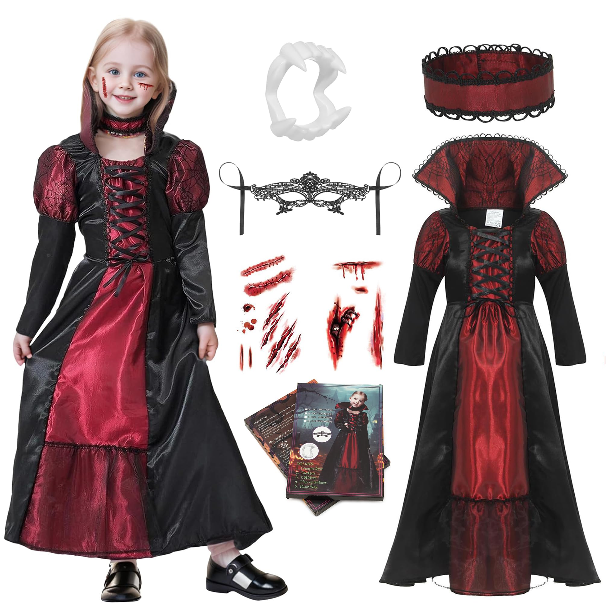 Cloudkids Kids Girls Vampire Vampiress Costume Halloween Fancy Dress Gothic Vampire Princess Costumes 7-9 Years