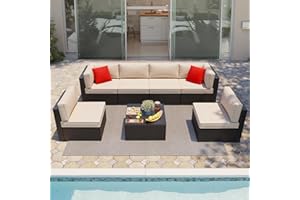 Shintenchi 7 Pieces Patio Furniture Sets Outdoor All-Weather Sectional Patio Sofa Set PE Rattan Manual Weaving Wicker Patio Conversation Set with Glass Table&Ottoman Cushion and Red Pillows, Beige