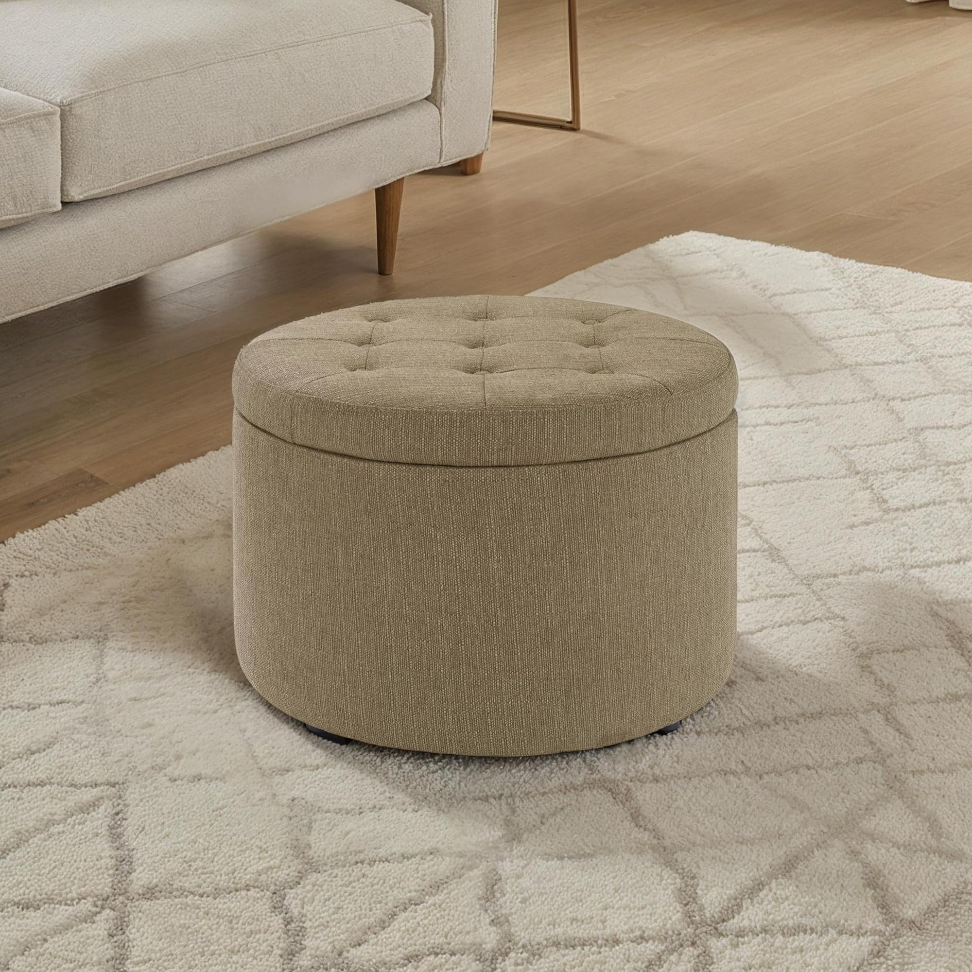 Convenience Concepts Designs4Comfort Round Shoe Ottoman 22" - Upholstered Footstool, Small Table, & Seat with Storage Compartment for Living Room, Entryway, Bedroom, Sandstone Fabric Image