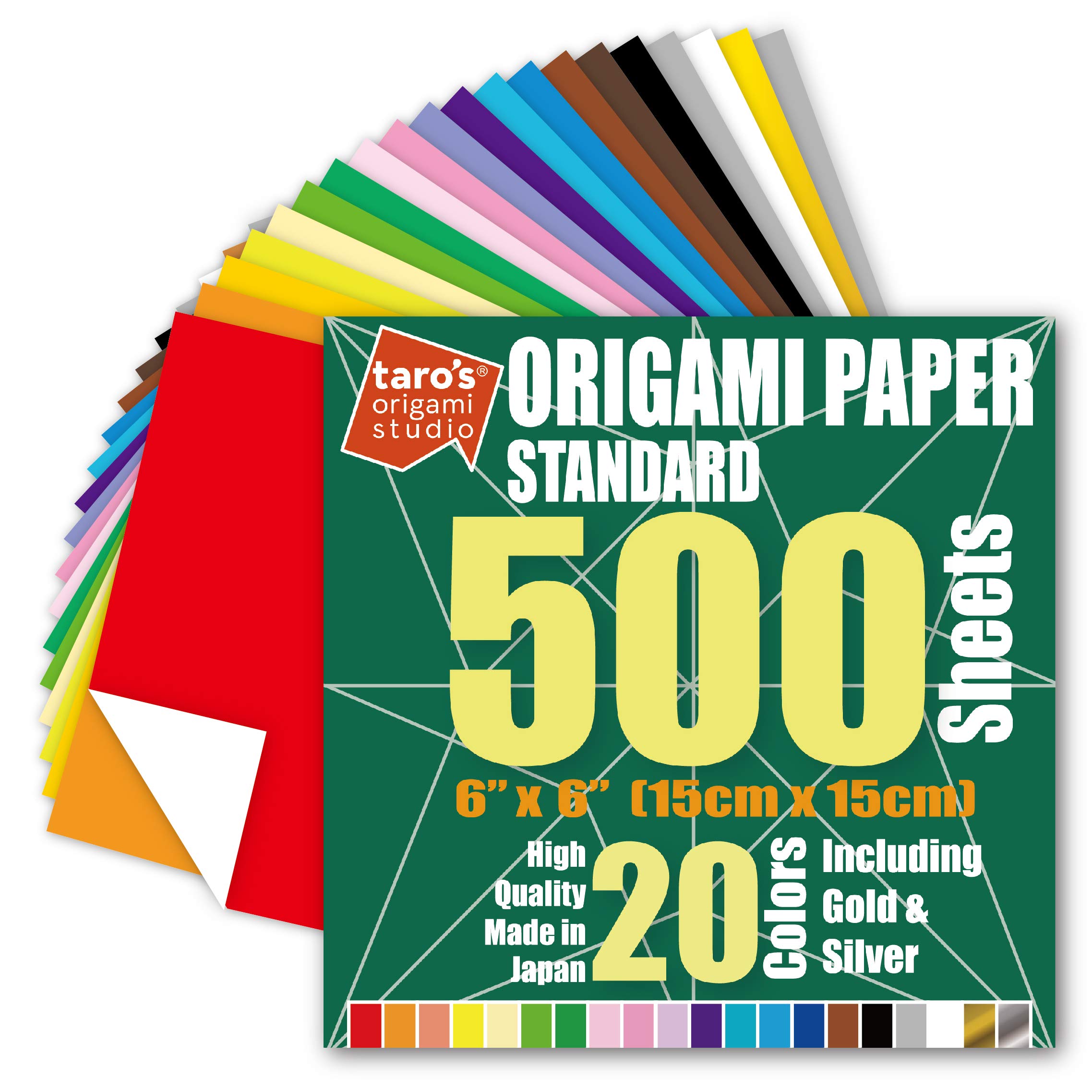 [Taro's Origami Studio] Standard 6 Inch One Sided 20 Colors 500 Sheets Square Easy Fold Premium Japanese Paper for Beginner (Gold and Silver Included) Made in Japan