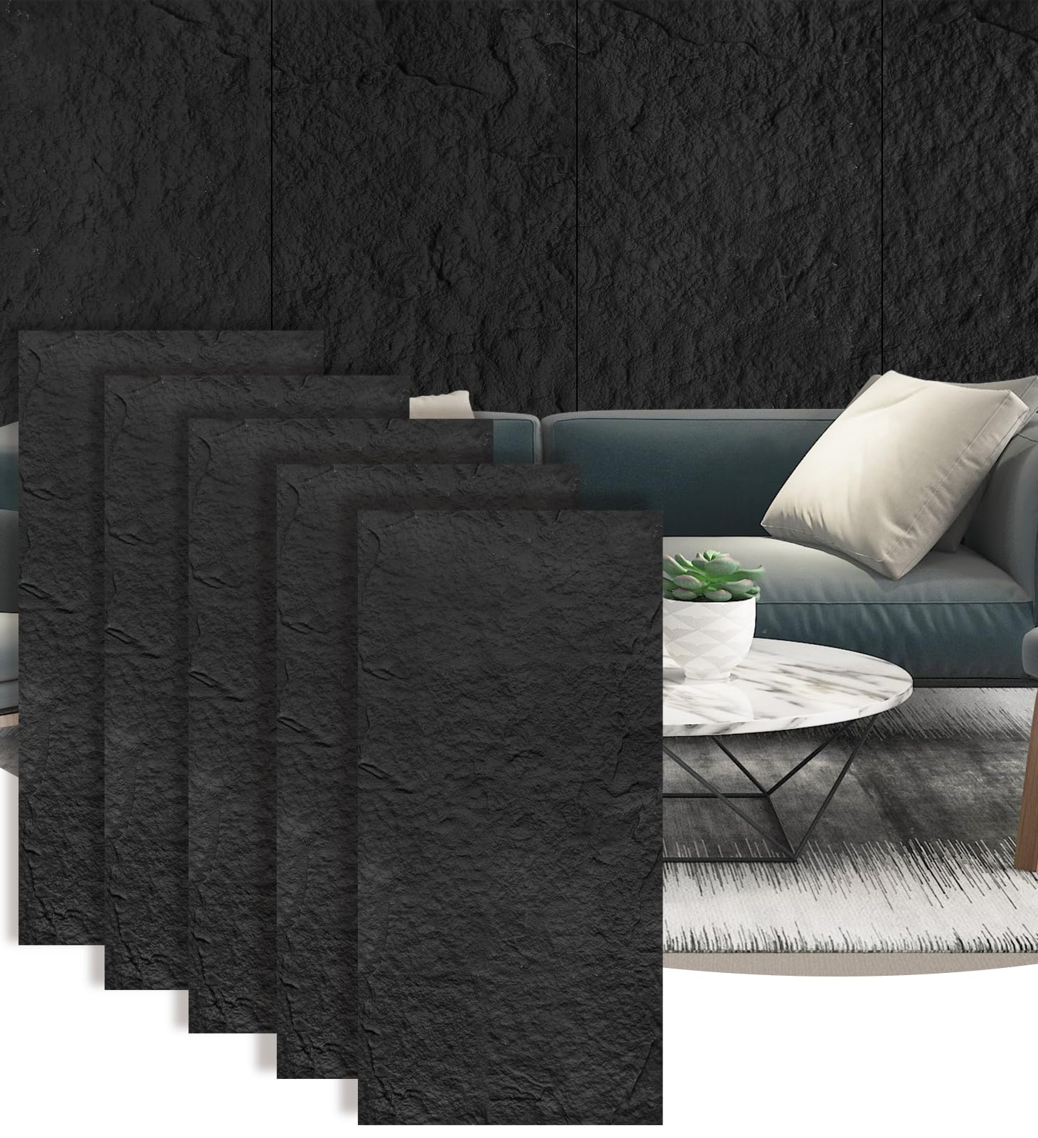 Photo 1 of ***MINOR DAMAGE*** Artbrix 5-Pack 3D Faux Stone Wall Panels, PU Cement-Texture Wainscoting Panels for Interior Walls – Waterproof & Lightweight, Covers 38.7 Sq.Ft, 47.2" x 23.6", for TV Wall, Living Room,Black