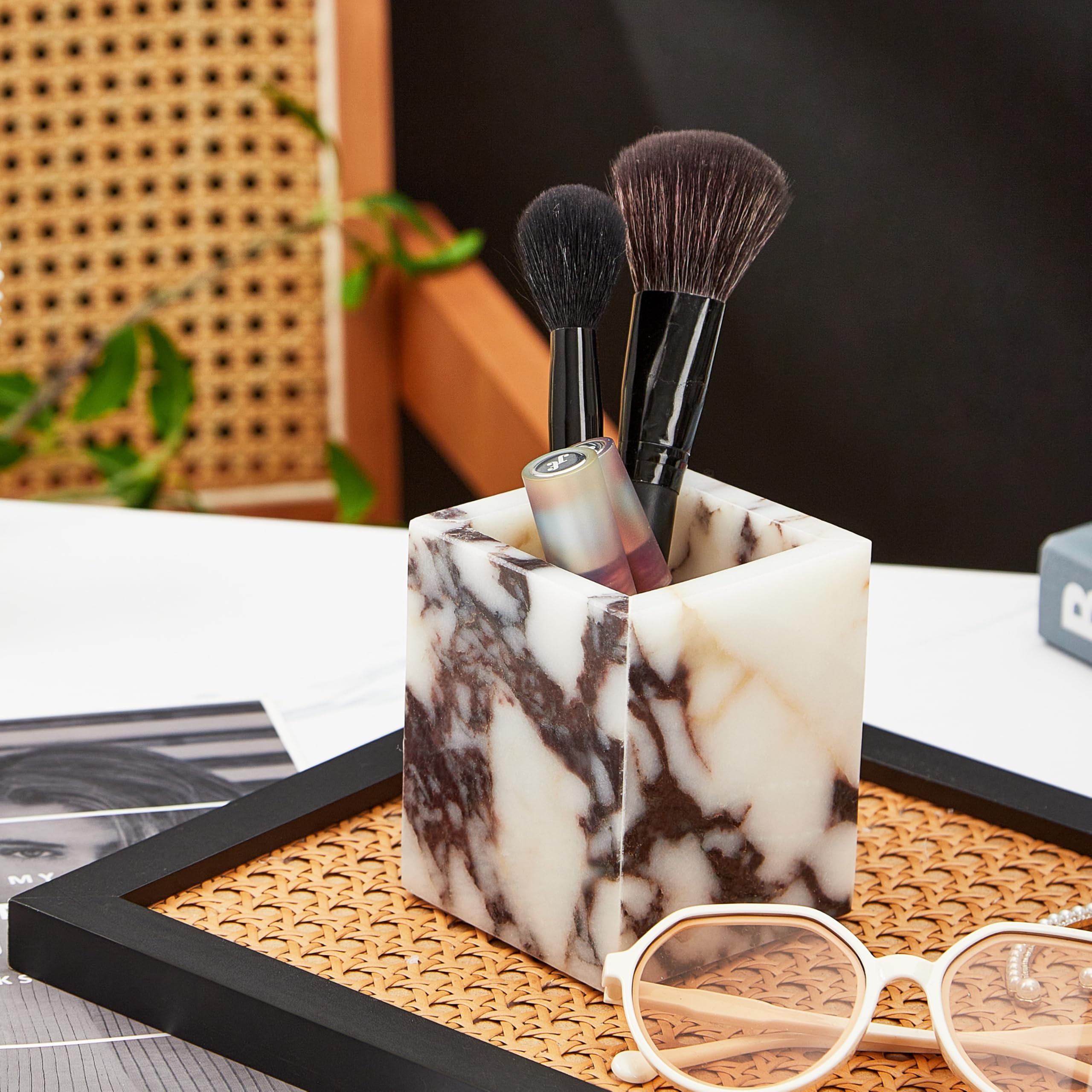 Photo 1 of *** VERY SMALL***   Denique Genuine Calacatta Viola Toothbrush Holders for Bathroom, Natural Marble Makeup Brush Holder, Countertop Organizer for Vanity, Dresser