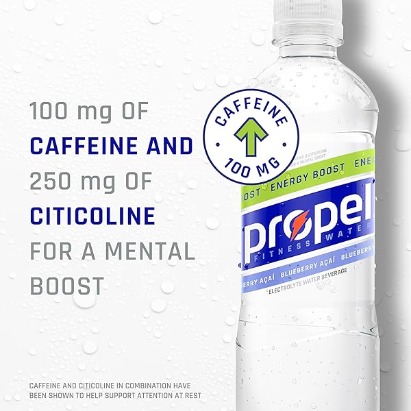 PROPEL ENERGY BOOST ZERO CALORIE FLAVORED WATER WITH ELECTROLYTES AND CAFFEINE, BLUEBERRY ACAI, 16.9 FL OZ BOTTLES (12 PACK)