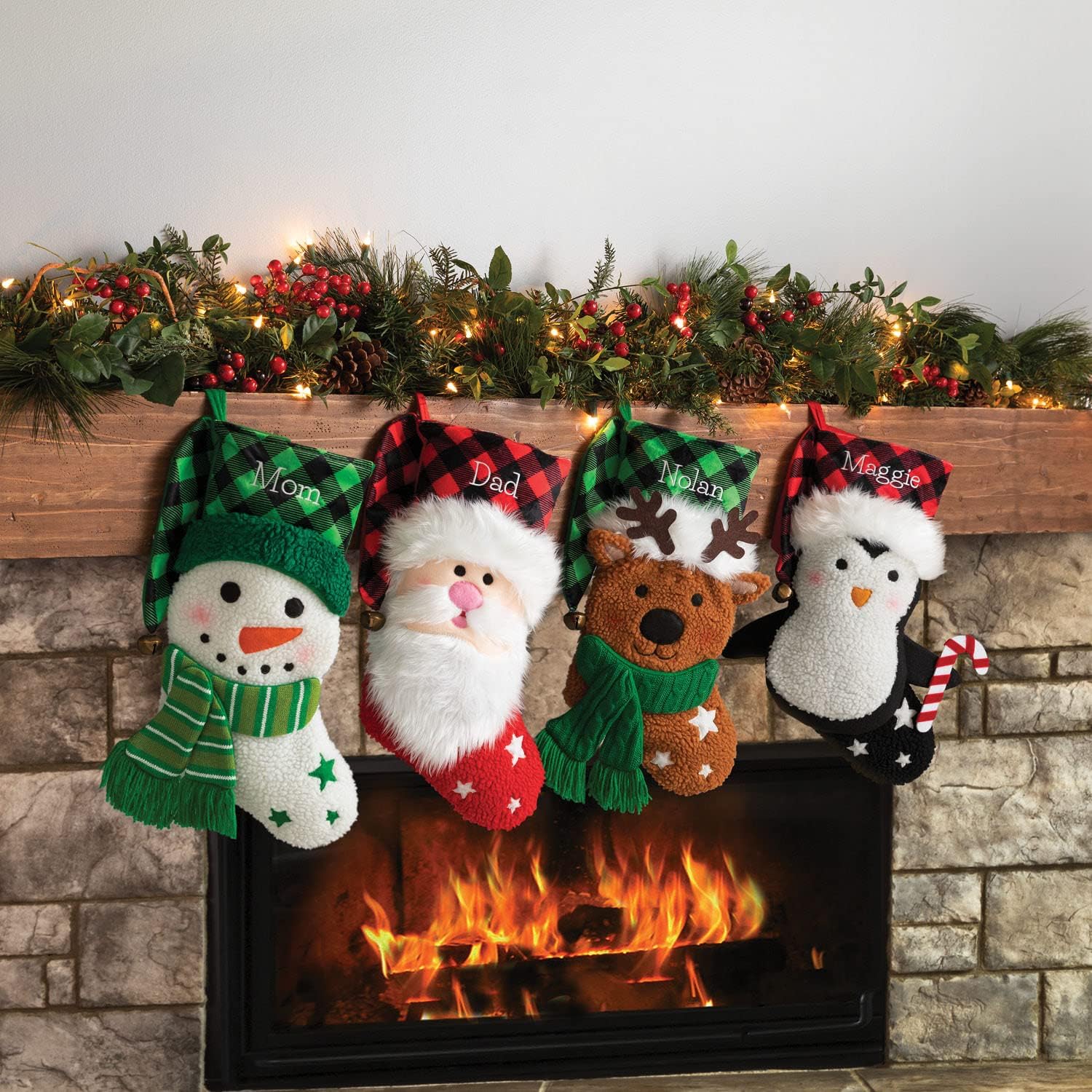 Stockings & Holders - Personalized Planet Holiday Reindeer Christmas Stocking with Custom Name Embroidery | 3-D Reindeer Design with Green Stocking Hat Cuff | Fun Festive Christmas Home Décor | Ready to Hang