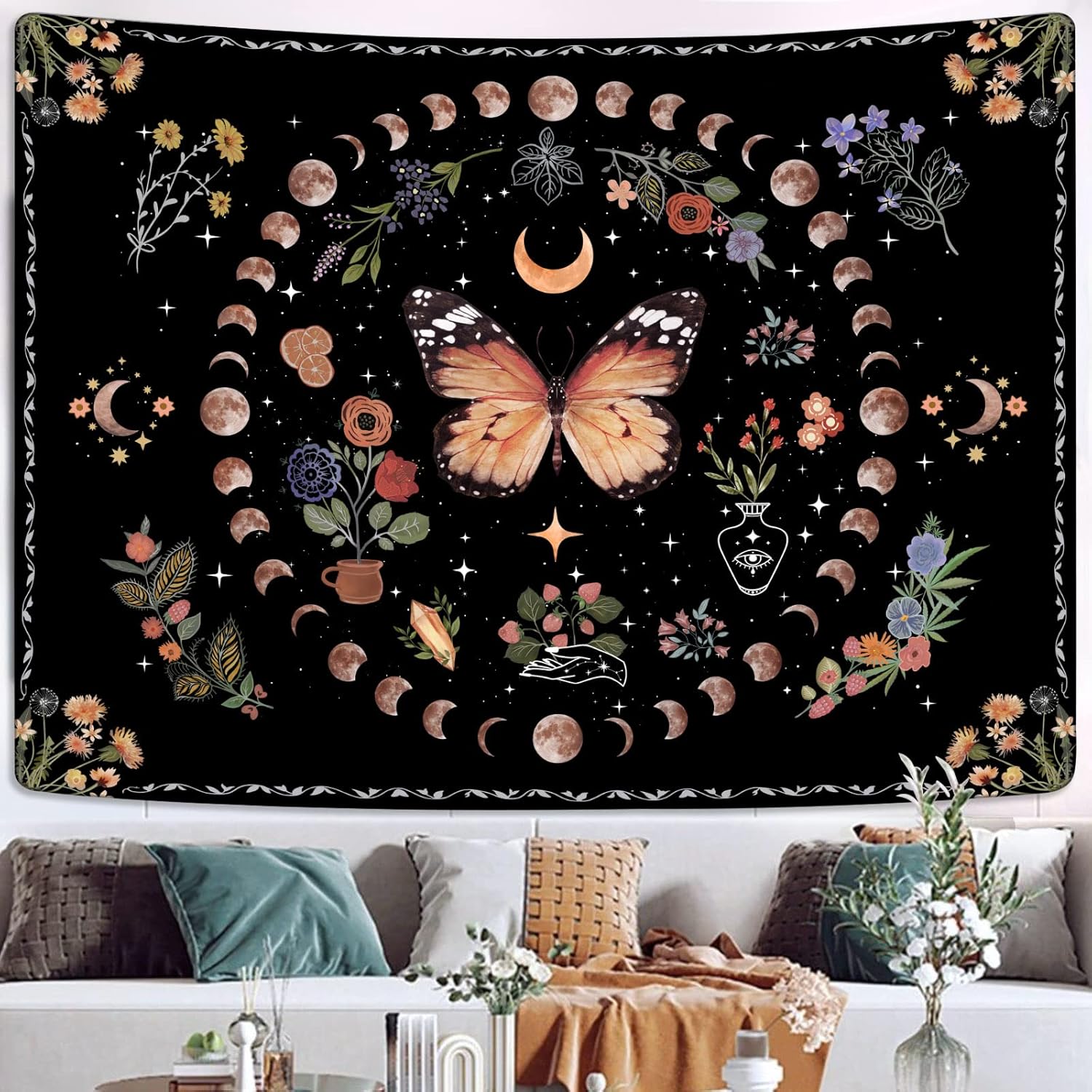 Tapestries - Fowocu Orange Butterfly Moon Flower Tapestry Boho Floral Plant Tapestries for Bedroom Aesthetic Tapastry's Wall Hanging Mandala Botanical Wall Tapestry for Living Room Dorm (Yellow, 60'' × 44'')
