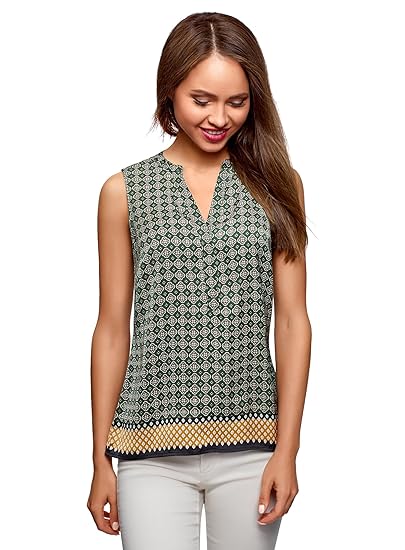 oodji Collection Damen Ärmellose Druck-Bluse mit V-Ausschnitt