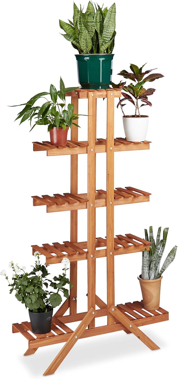 Relaxdays Flower Stand with 5 Tiers, Wooden, Indoor Flower Rack, Multi-Shelf, HxWxD: ca 142.5 x 83 x 28.5 cm, Light Brown