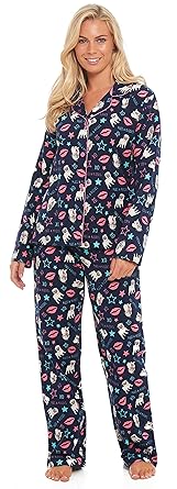 Slumber Hut® Damen 100% Winceyette Cotton Pyjama Schlafanzug - Gebürsteter Flanell Wincy Damen Geknöpfter Kragen - Größe EUR 