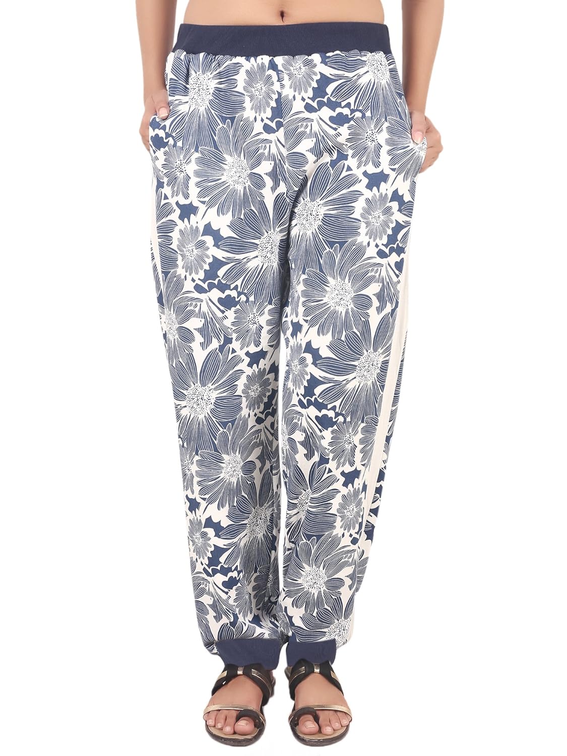 9teenagain women's printed and plain hoisery pajama (blue/white)