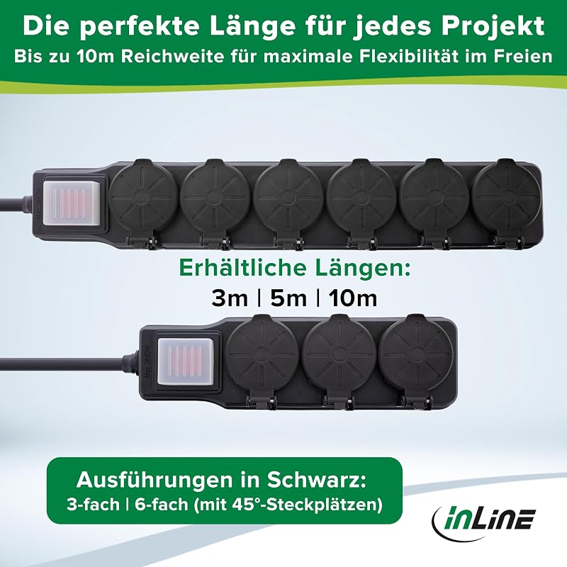 6-Fach Steckdosenleiste, Außensteckdose, Outdoor, Mehrfachsteckdose, Steckerleiste, IP44, mit beleuchtetem EIN/Aus Schalter, erhöhter Berührungsschutz, Länge: 3m, 16496O