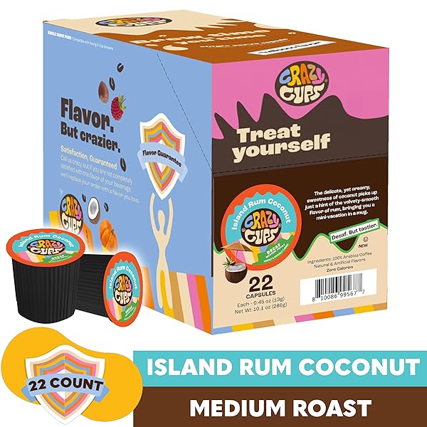 CRAZY CUP DECAF FLAVORED COFFEE PODS, DECAFFEINATED ISLAND RUM COCONUT SINGLE SERVE COFFEE CUPS FOR K CUP KEURIG MACHINES, BREW HOT OR ICED, 22 COUNT