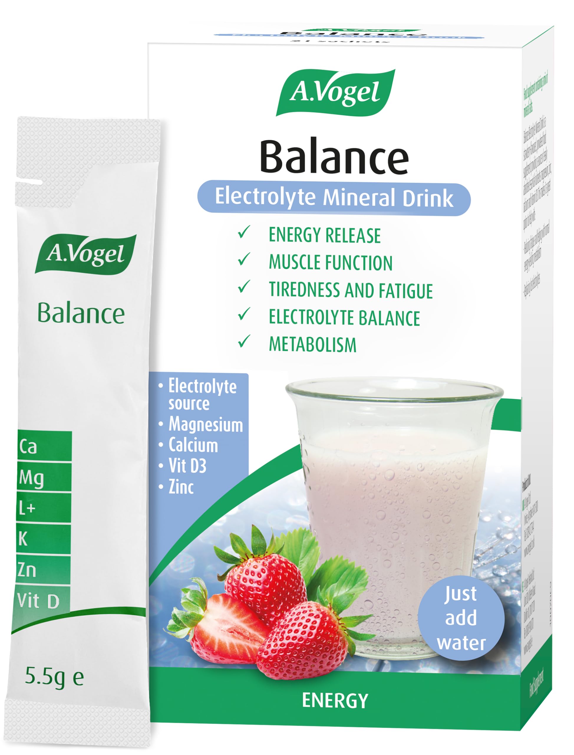A.Vogel Balance Electrolyte Mineral Drink with Vitamin D3, Magnesium, Zinc and Calcium | 21 x 5.5g Sachet