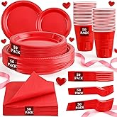 MirthMood 350PCS Red Disposable Plastic Plates,Red Dinnerware Set Includes 50 Dinner Plates, 50 Salad Plates, 50 Sets of Silverware, 50 Napkins and 50Pcs 12OZ Plastic Cups