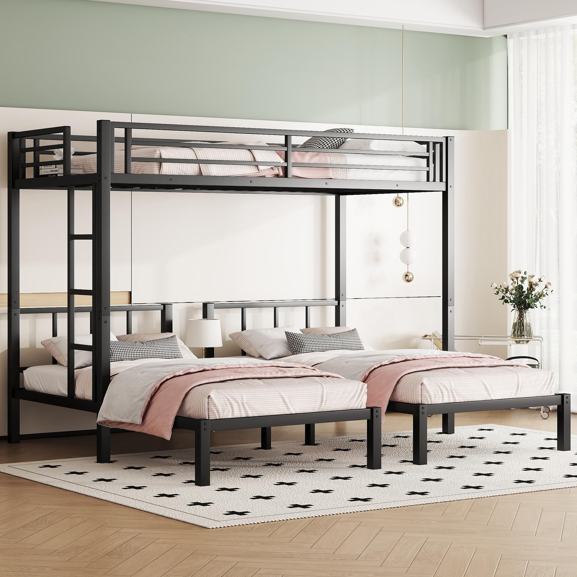 Photo 1 of *****MISSING PARTS******Bellemave Twin Size Triple Bunk Bed for 3 Kids, Heavy Duty Metal Triple Bunk Bed with Safety Fence, Heavy Duty Triple Beds for Kids, Teens, Black