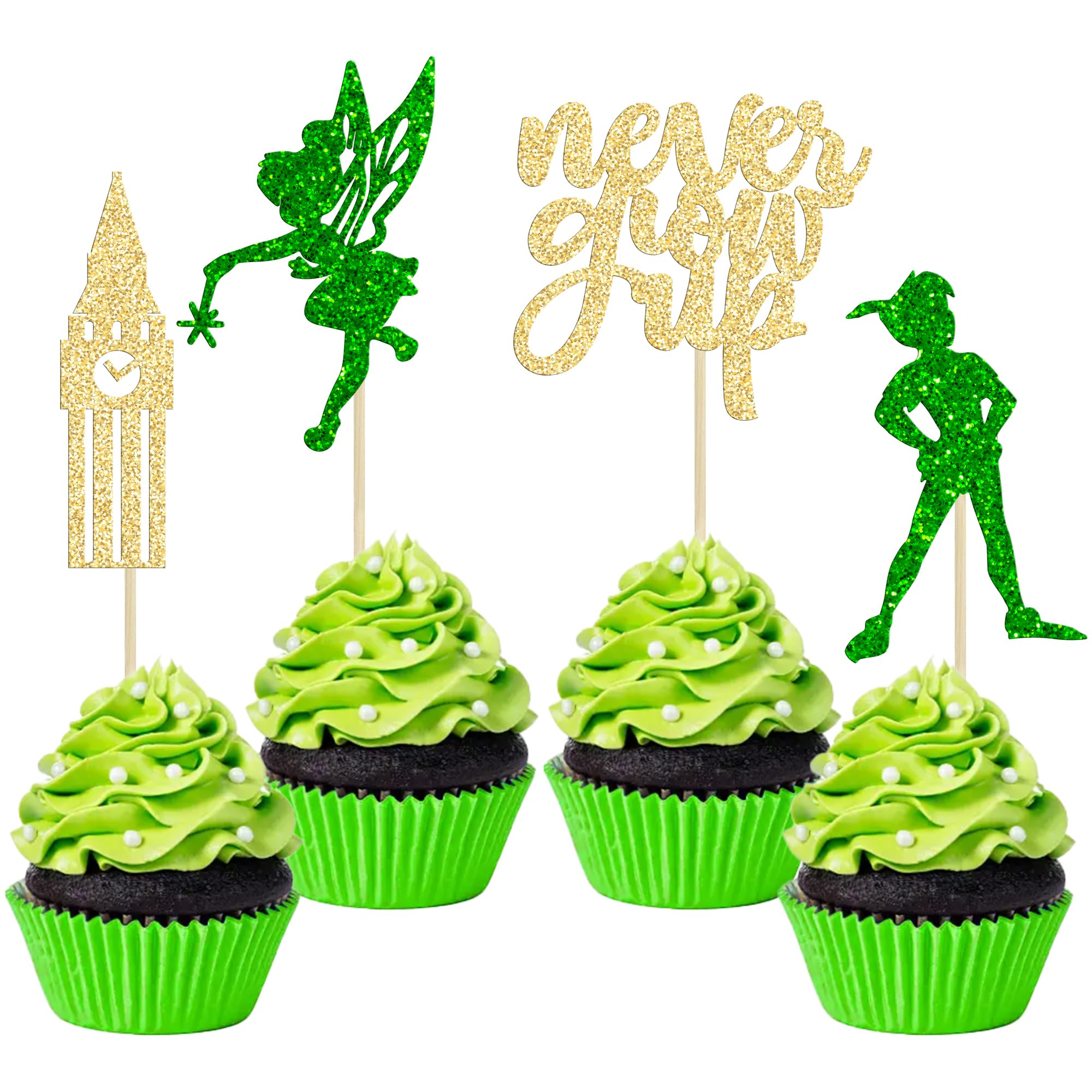 Gyufise 24 Pack Never Grow Up Cupcake Toppers P Pan Cake Toppers Baby Shower Never Grow Up Cupcake Picks for Neverland Theme Boys Girls Adults Birthday Party Cake Decorations Green Gold Glitter
