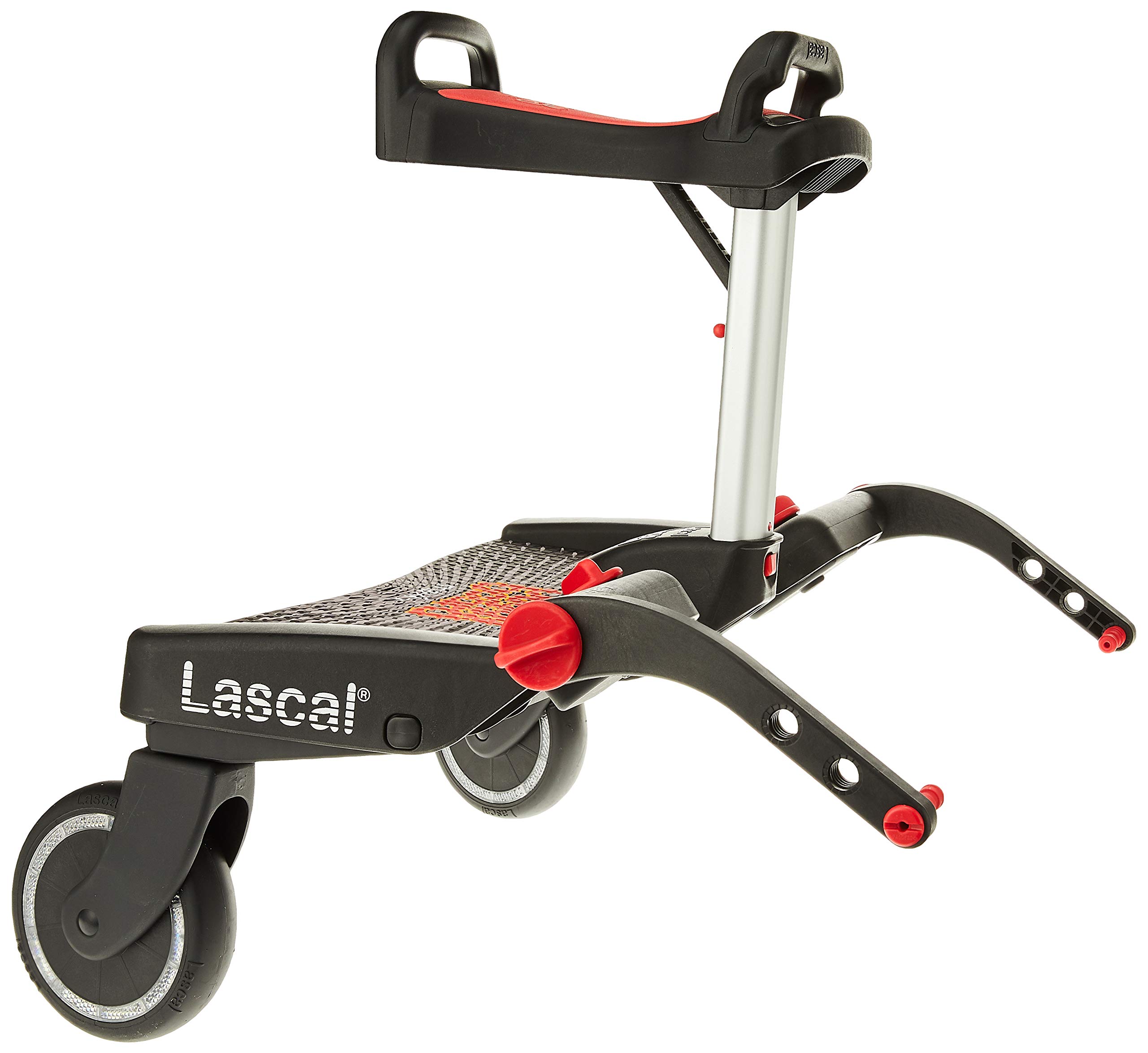 Lascal BuggyBoard Maxi+ | Universal Buggy Board with Seat, Compatible with 99% of Pushchairs | Pram Accessory for Children from 2-6 Years | Black with Red Saddle